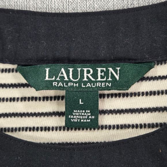 Lauren Ralph Lauren Wom LG Tee Black Striped Gold Buttons Classic Timeless Chic - Picture 8 of 11